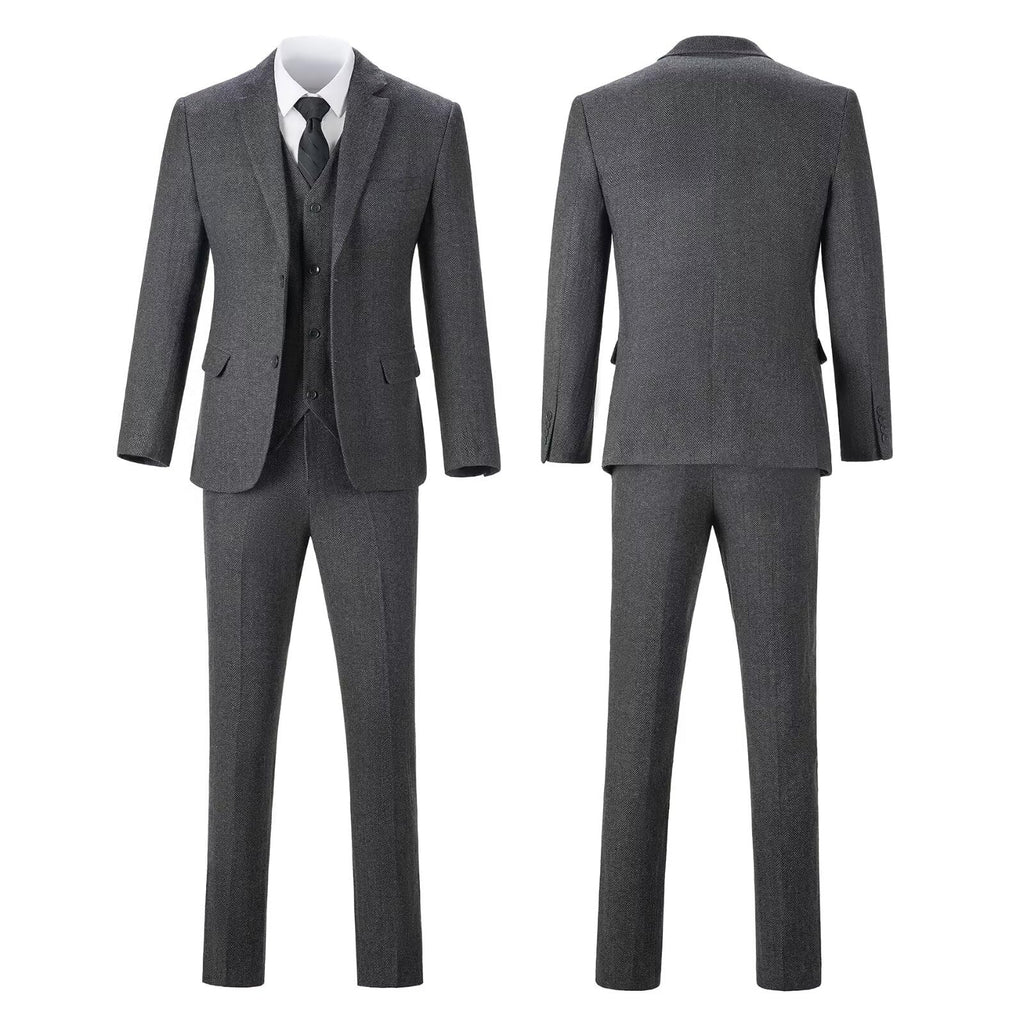 Herringbone Tweed 3 Piece Mens Suits Wool Blend Formal Party Dinner Tuxedo Set Business Suit Jacket Blazer Vest Pants for Men Grey Gray M
