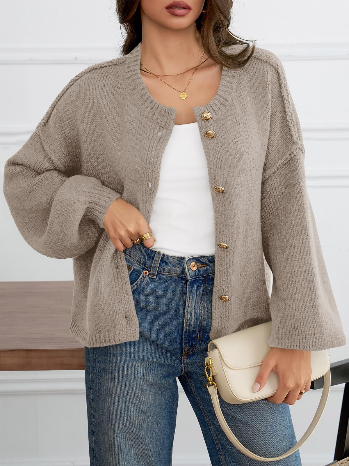 Saodimallsu Womens Oversized Cardigans Button Up Long Lantern Sleeve Chunky Knit Casual Soft Fall Sweater Coats Khaki
