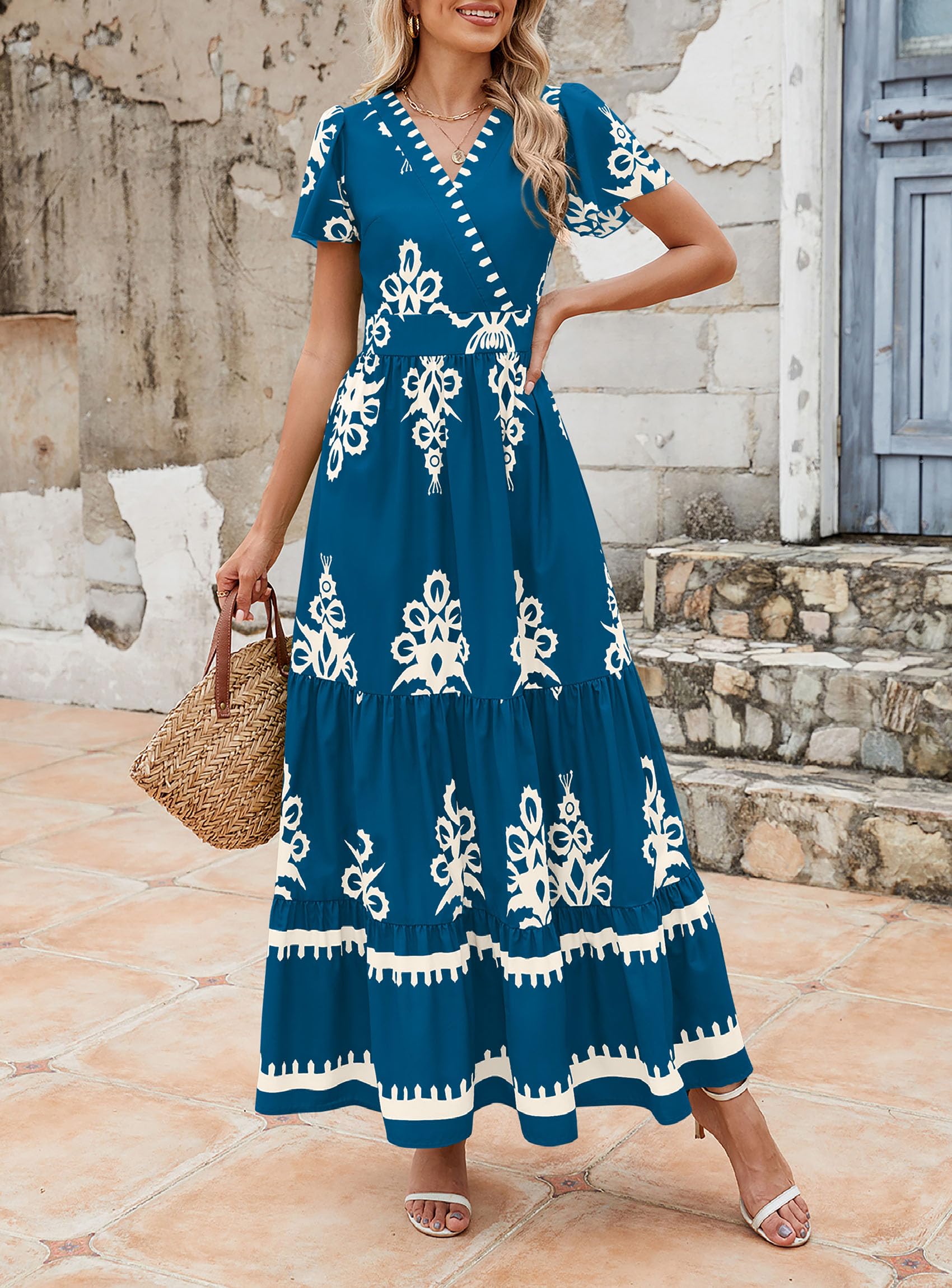 PRETTYGARDEN Womens 2026 Summer Casual V Neck Boho Maxi Dress Flowy Aline Bell Sleeve Tiered Floral Dresses with Pocket (Floral Lake Blue White,XX-Large)