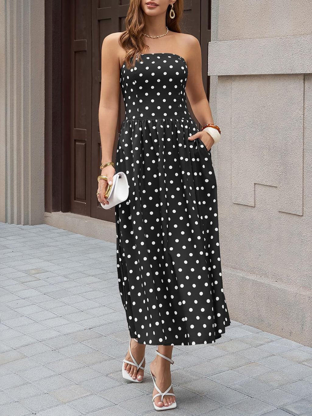 Wenrine Womens Polka Dot Strapless Dress Summer Smocked Tube Top Casual Sleeveless Swing Flowy Maxi Dresses with Pockets