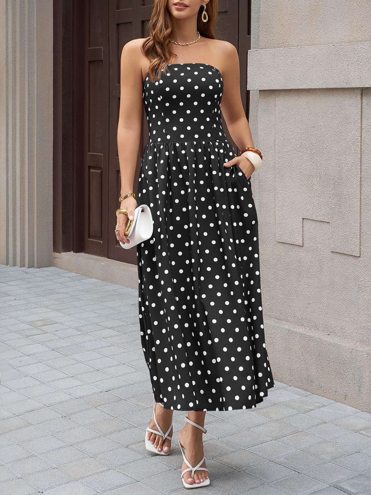 Wenrine Womens Polka Dot Strapless Dress Summer Smocked Tube Top Casual Sleeveless Swing Flowy Maxi Dresses with Pockets