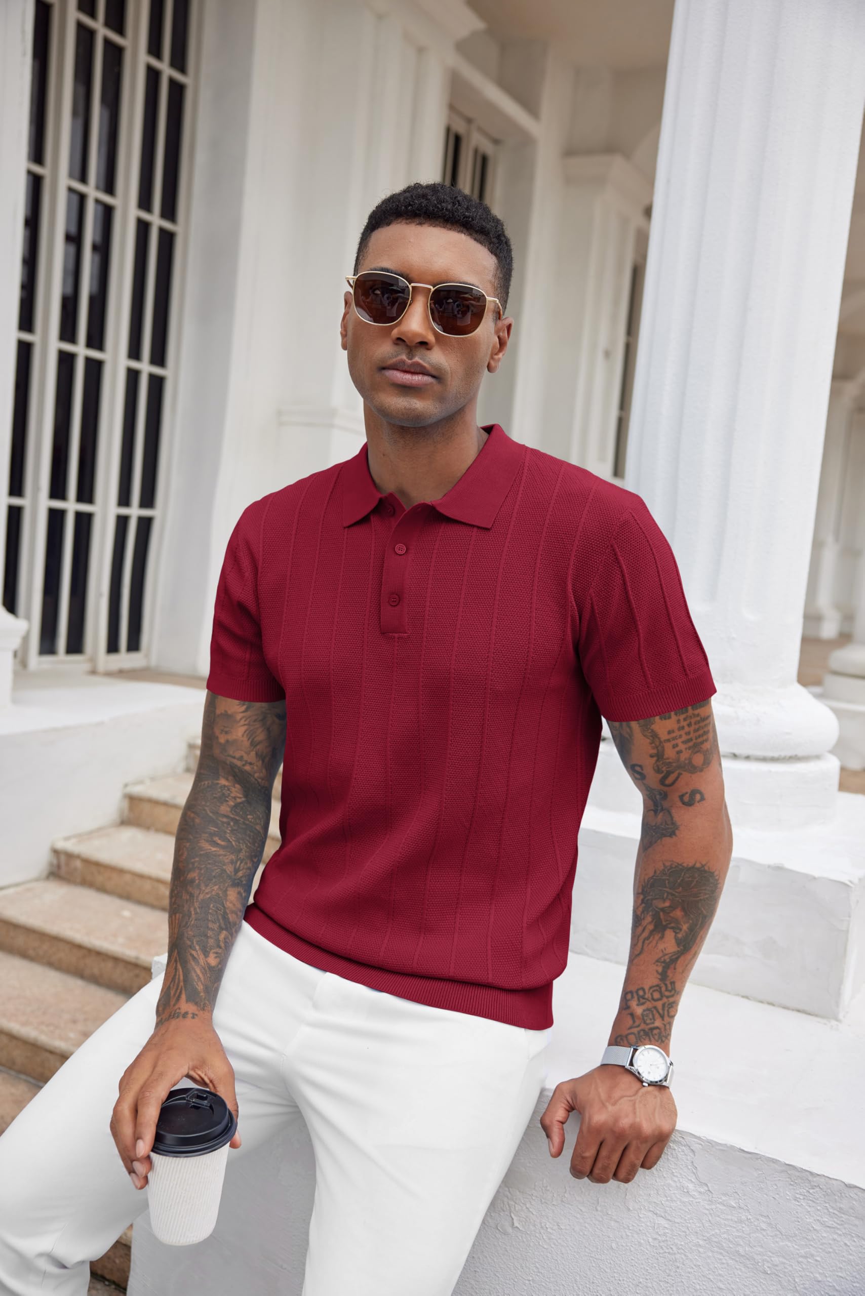 COOFANDY Mens Golf Shirt Ribbed Knitted Polo Shirts Business Casual Polos Shirt Vintage Textured Collared Shirts Trendy Summer Clothes 2025 Wine Red