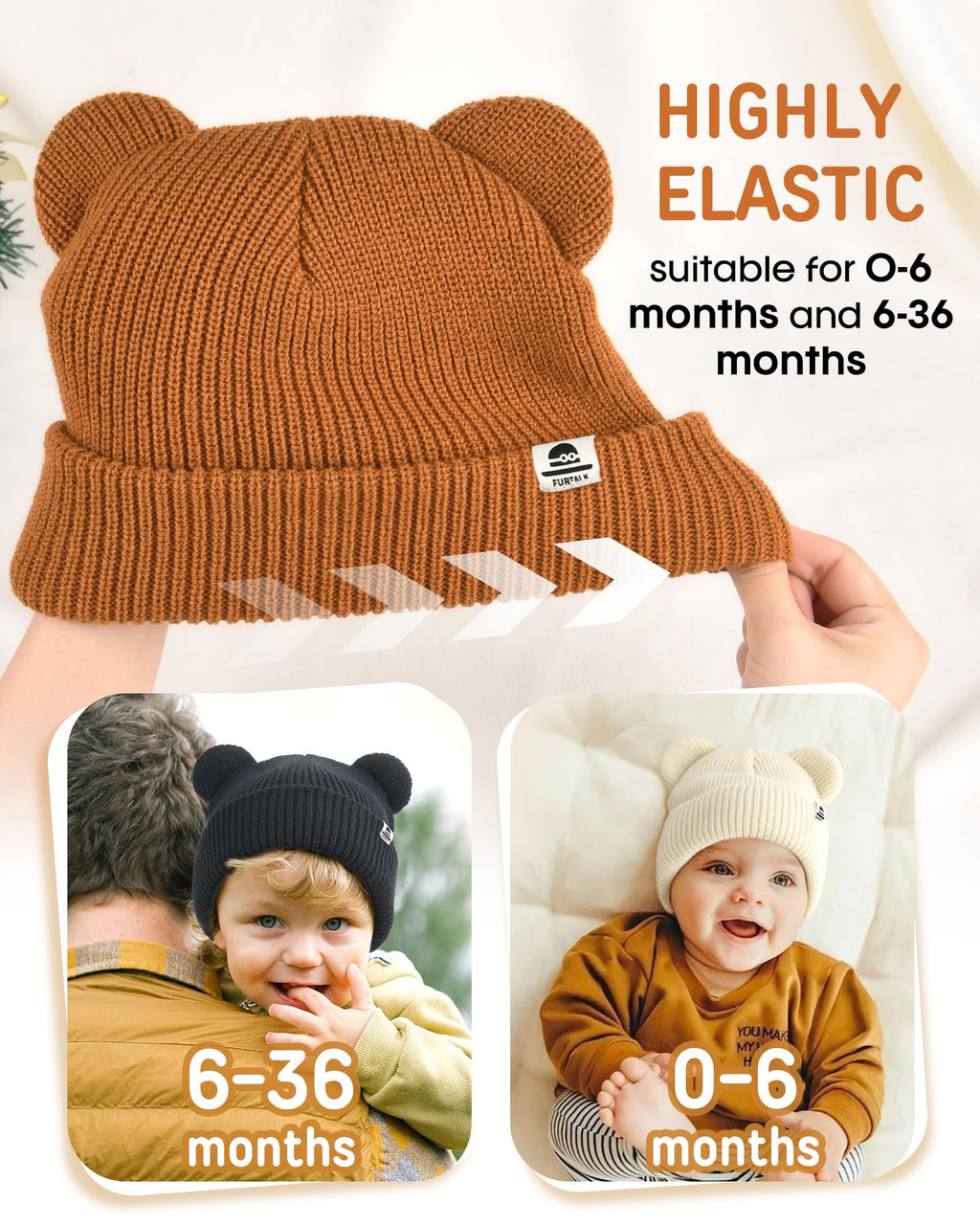 FURTALK Baby Beanie Winter Hat with Bear Ear for Infant Toddler Boys Girls Soft Knitted Skull Cap Black+Beige+Caramel 0-6 Months