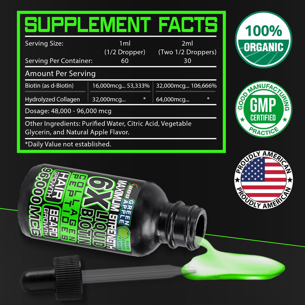 Liquid Biotin Collagen Peptides for Beard Growth and Thickening - Men's Beard and Hair Growth Supplement - Biotin Liquid Drops 96,000mcg 6X More Absorption