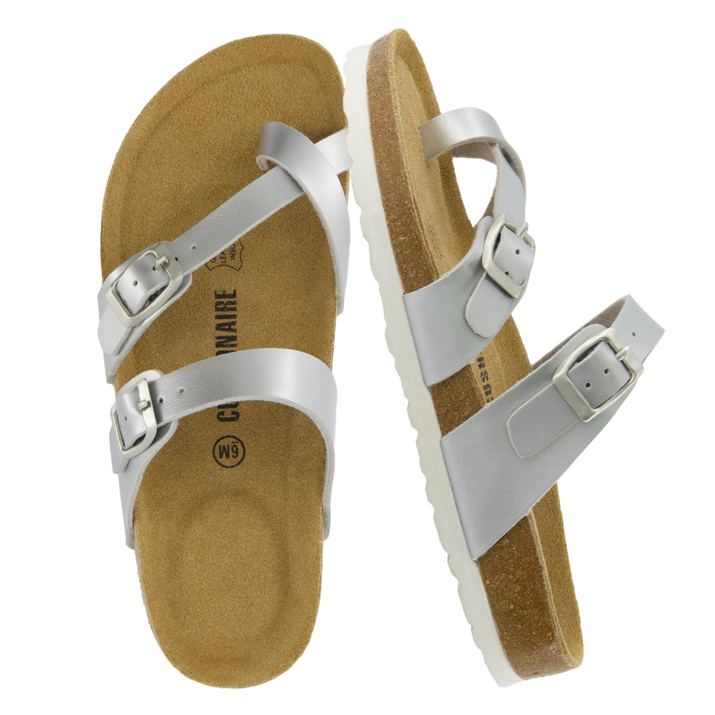 CUSHIONAIRE Luna Sandals for Women, Cork Footbed Womens Sandals for Summer Comfort with Adjustable Straps, Wide Width Available, SILVER 7W
