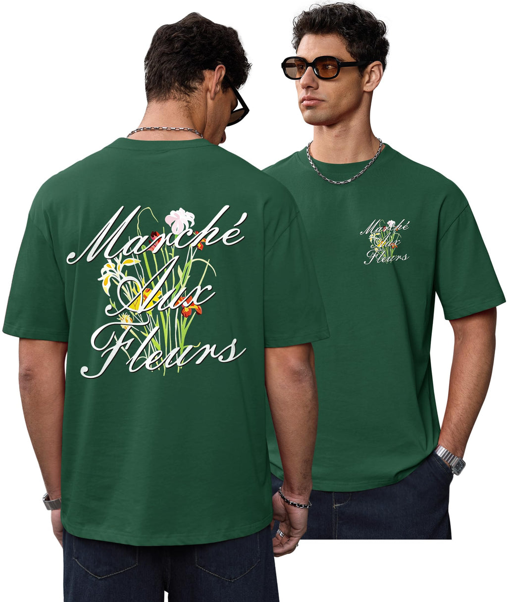 Herberton Mens Designer Stylish Tshirt Spring Cool Tee Loose Fit Baggy Summer Relaxed Youth Y2k 100% Pure Cotton Graphic Print Swag Lightweight Flowers Shirt Forest Green XL