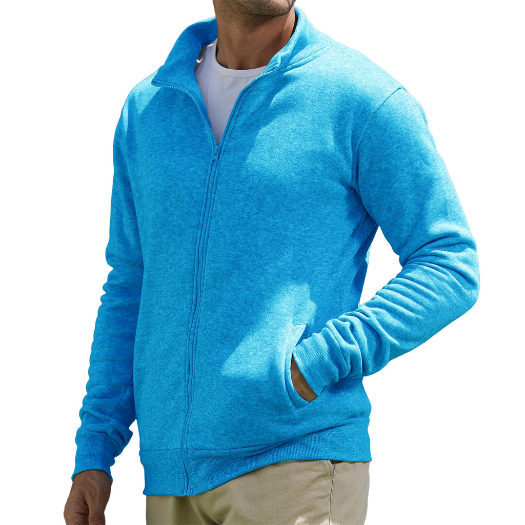 BRAPRO Men's Full-Zip Sweatshirt No Hood Hoodies Stand Collar Cardigan Pockets Jacket Casual & Active Loose Cotton Fleece Blue M