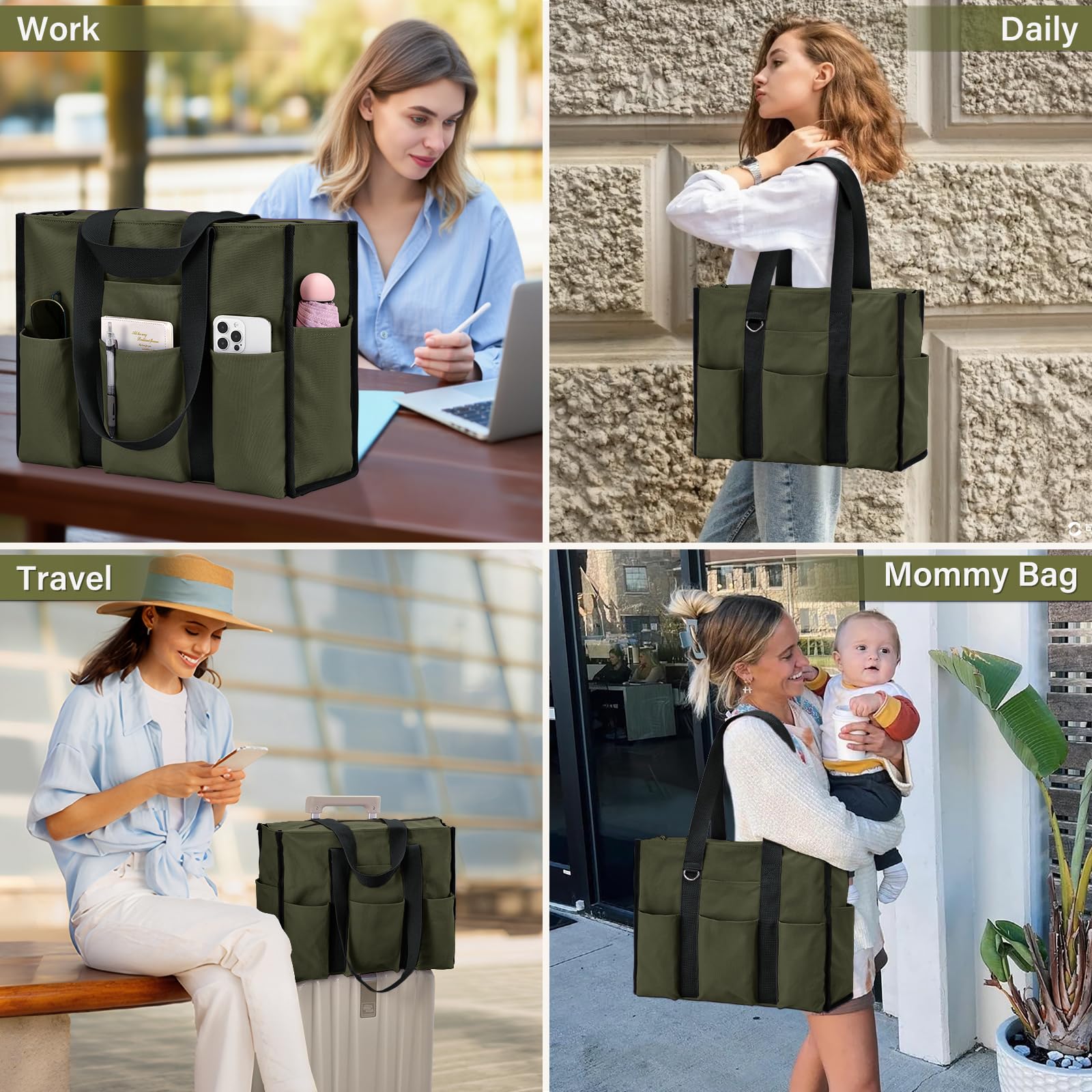 Becokan Large Tote Bag for Women Waterproof with 12 Pockets Top Zipper Closure Utility Teacher Nurse Bags for Work School