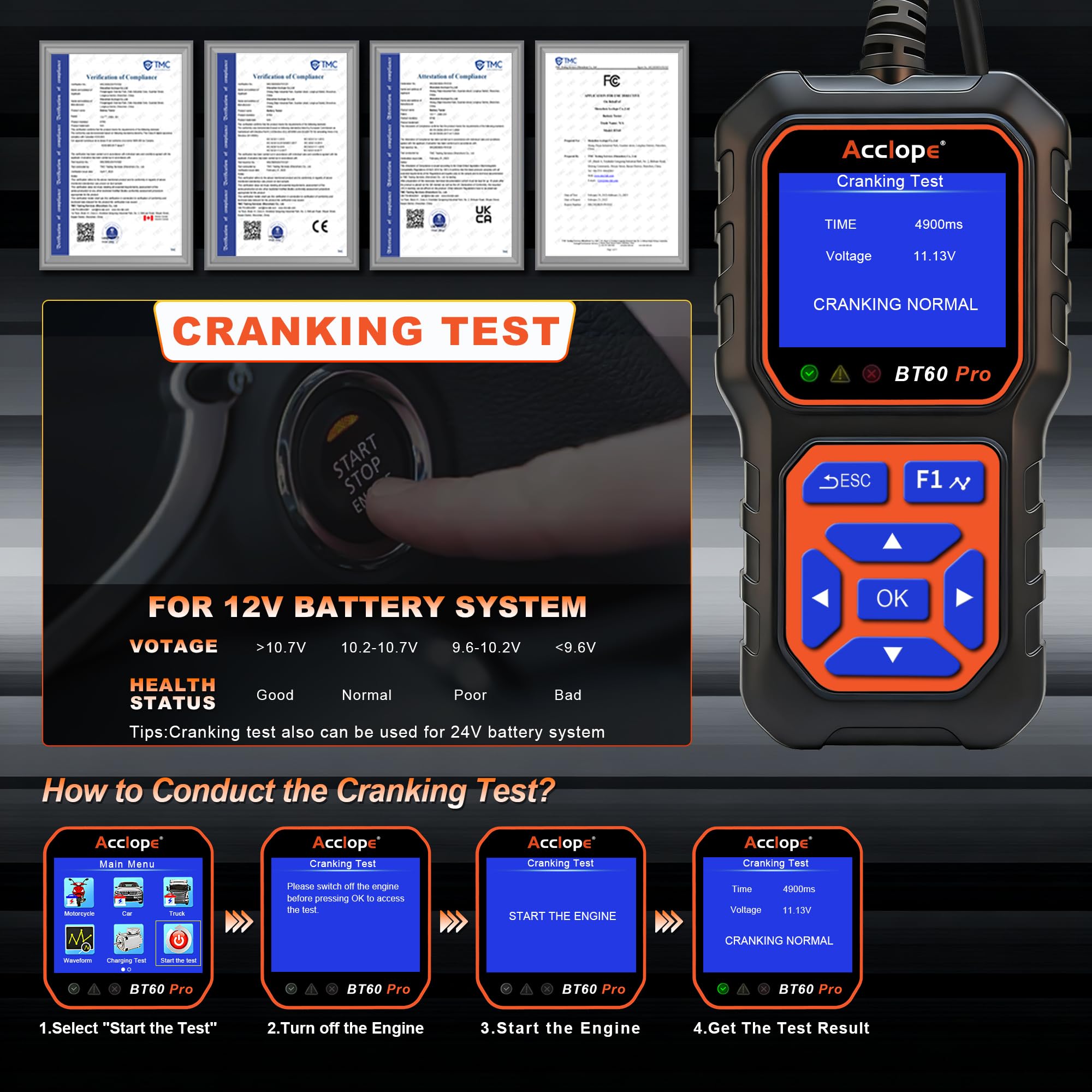 Acclope BT60 PRO Car Battery Tester 6V/12V/24V, 2–120Ah, 100–3000 CCA, Alternator & Starter/Charging System Analyzer, Automotive Load Test, QR Cloud Report (No App), for Car Truck Motorcycle Marine/RV