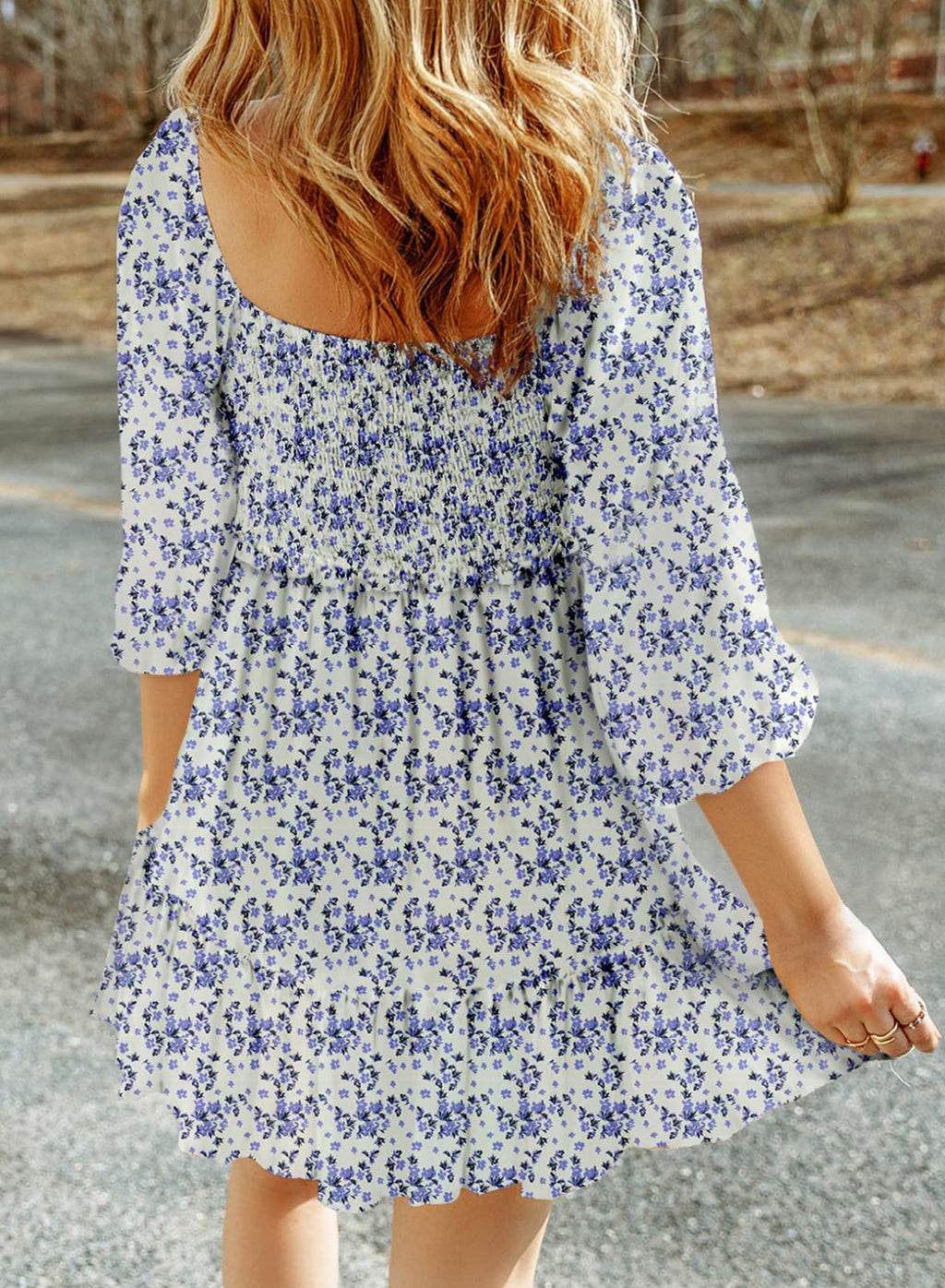 Dokotoo Wedding Guest Dresses for Women Boho Floral Long Sleeve Square Neck Smocked Ruffle Casual Elegant Chiffon A-Line Swing Mini Babydoll Western Dress Party Vacation Summer Dress Sky Blue Large