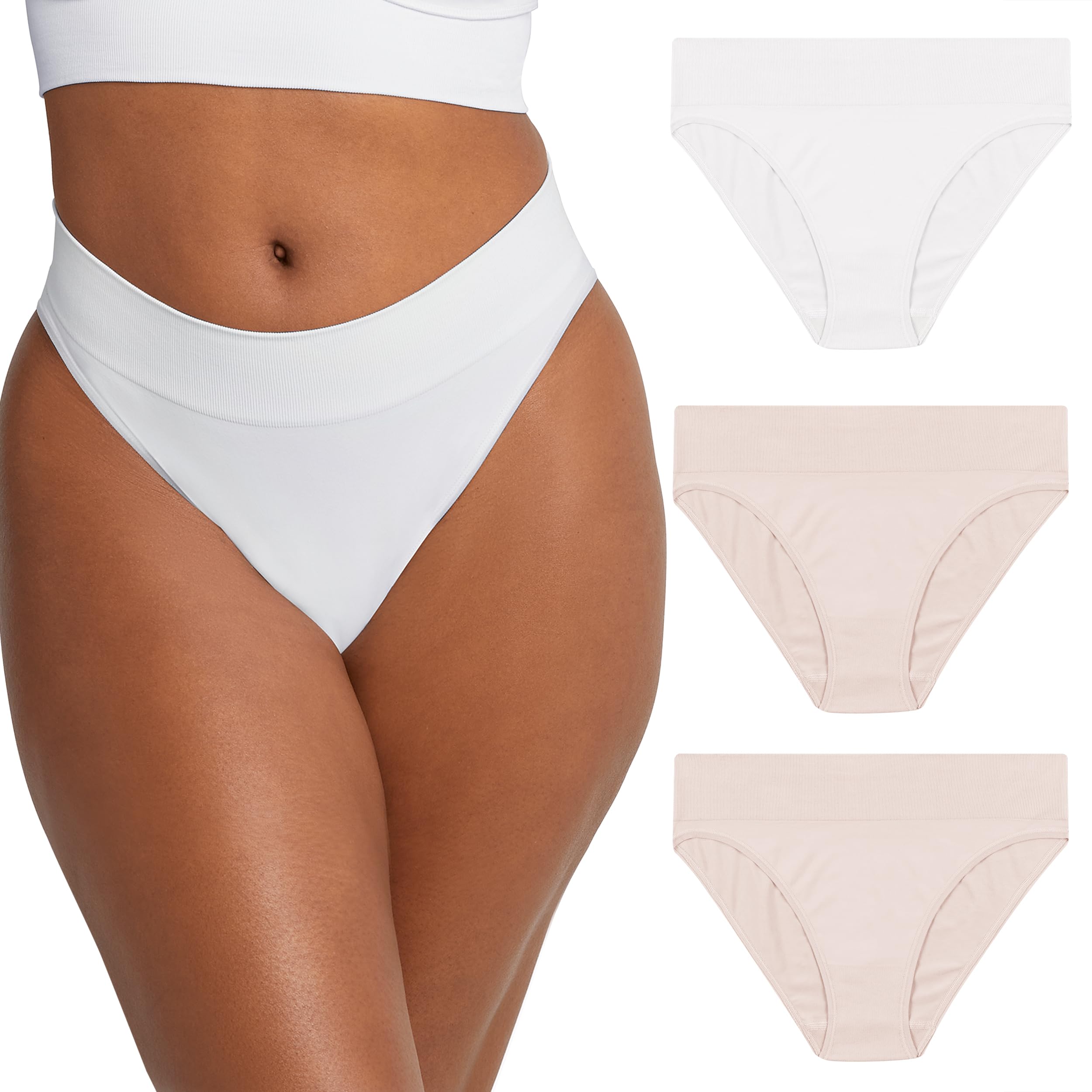 Maidenform Womens High Leg Underwear, Seamless High-cut Panties For 3-pack Bikini Style, Sandshell/White/Sandshell, Medium US
