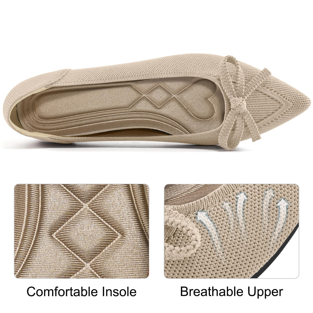 Ablanczoom Ballet Flats Shoes for Women: Dressy Pointed Toe Bow Knit Flats Comfortable Slip On Work Business Casual Shoes Beige