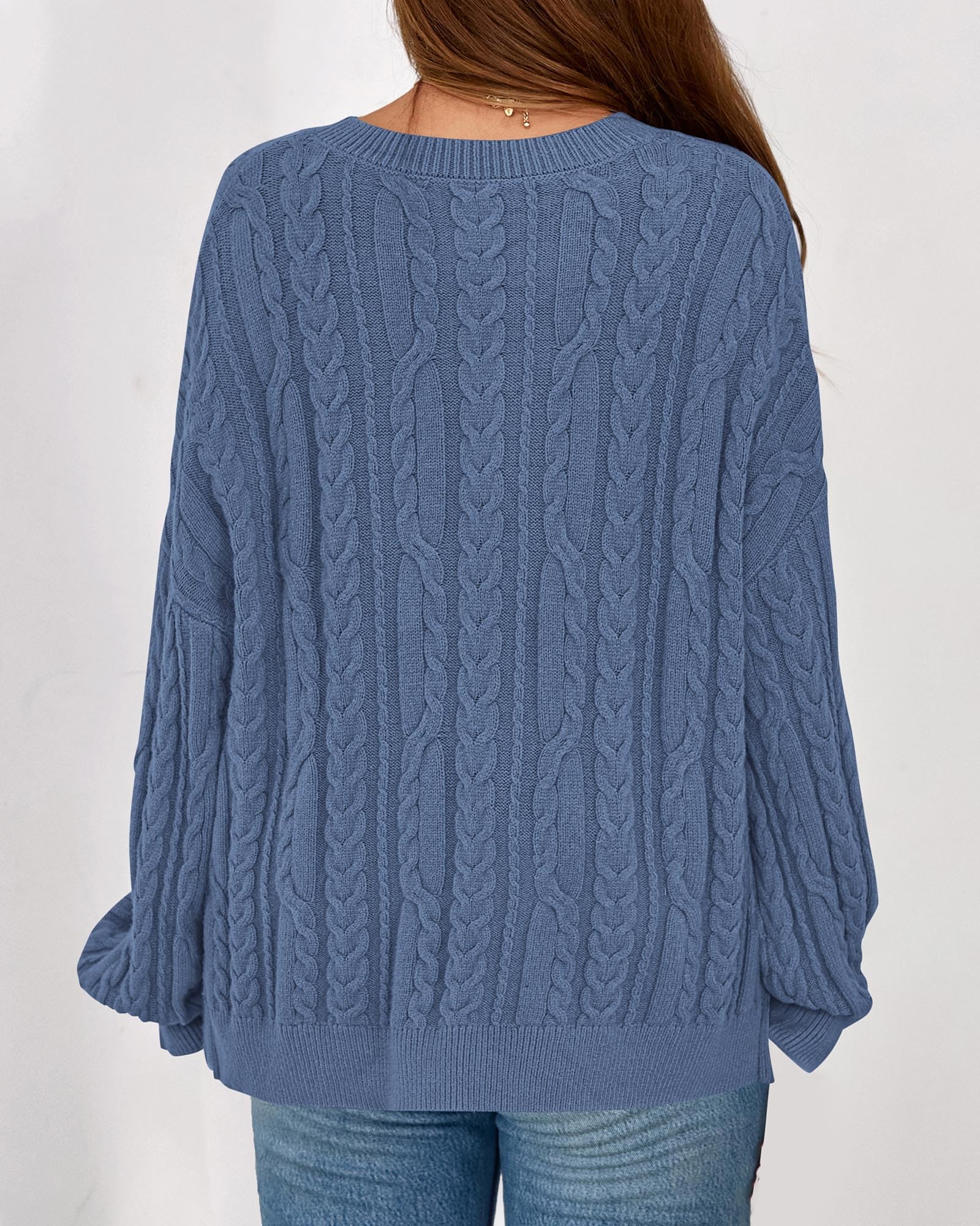 KIRUNDO Oversized Chunky Cable Knit Sweater Women 2026 Fall Fashion Cozy Long Sleeve Crewneck Pullover Winter Clothing(Blue, Medium)