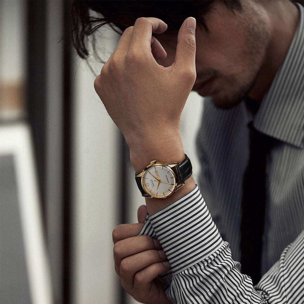 ROCOSJEWE R0101 Men's Automatic Mechanical Watch Golden Luxury Watch for Men Classic Retro Wristwatch Day Date Black Leather Strap Dress Watches Waterproof Gift for Men Fashion Business