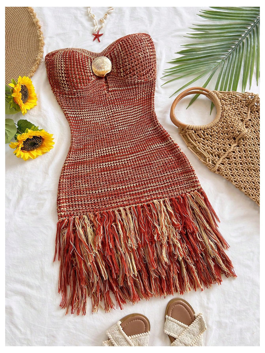 WDIRARA Women's Metal Fringe Hem Knitted Tube Dress Cut Out Layered Mini Boho Dresses Multicolor Large