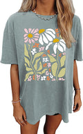 Oversized Graphic Tees Shirt for Women Summer Casual Loose Vacation Tshirts Short Sleeves Flower Tops (Light Green,L)