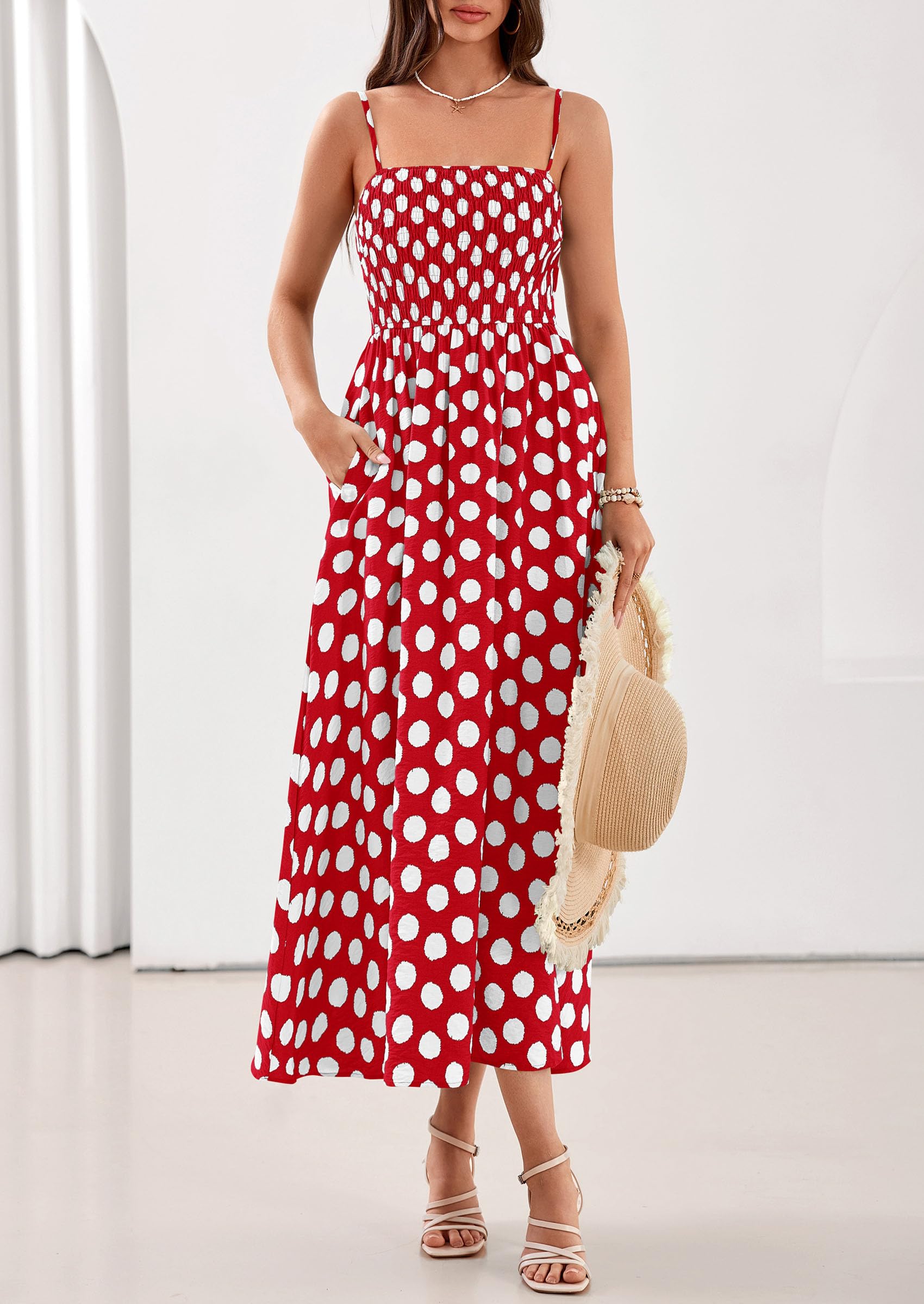 PRETTYGARDEN Womens Polka Dot Dress 2026 Summer Spaghetti Strap Smocked Sundress Beach Vacation Wedding Guest Midi Dresses(Red,X-Small)
