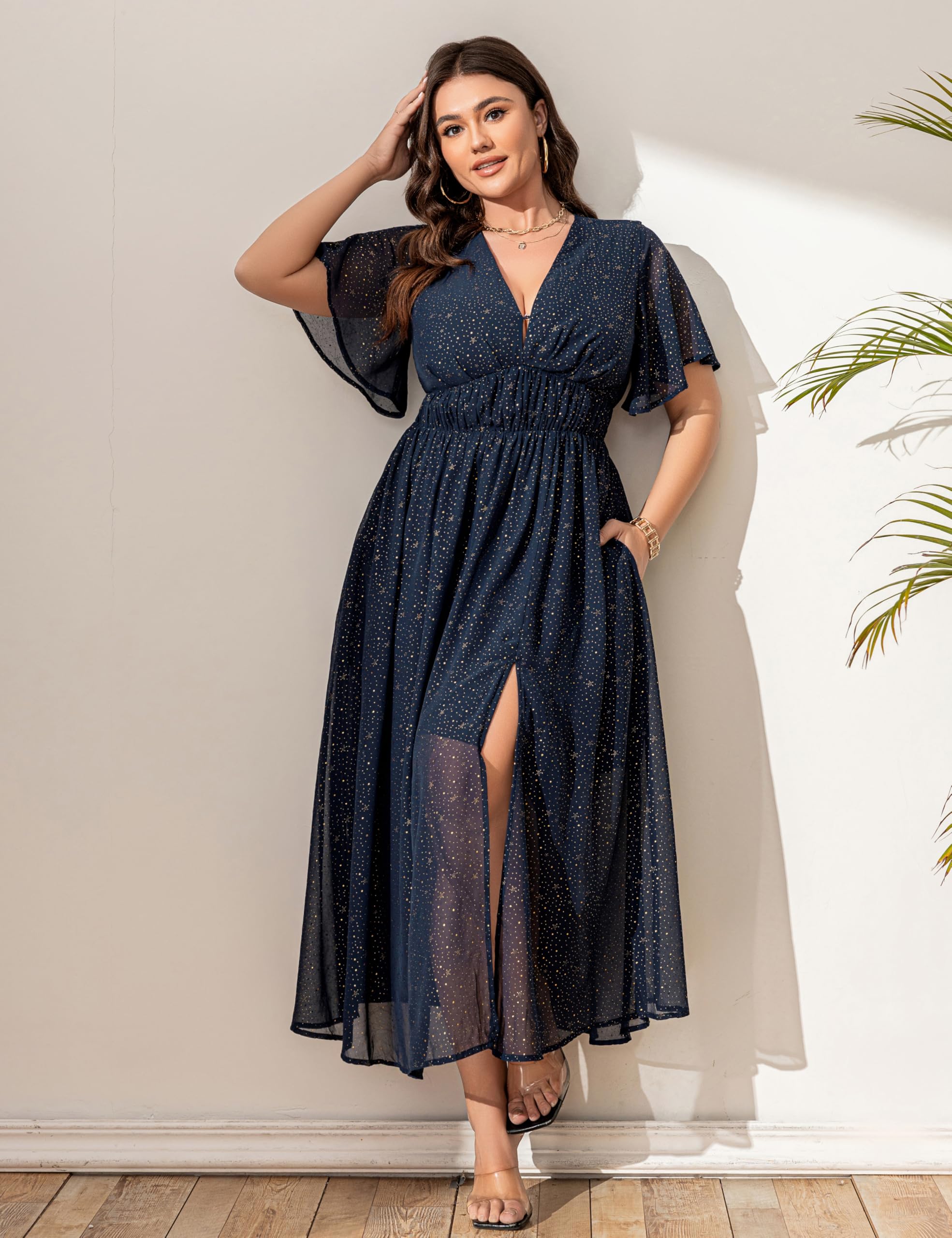Mother of The Bride Dresses for Curvy Women Plus Size: Evening Dresses for Women Elegant Classy - Navy Chiffon Easter Dress - Spring Wedding Guest Dress