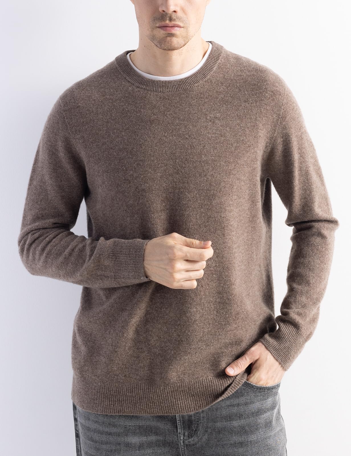 Chanyarn Men's 100% Merino Wool Sweater 2025 Fall Winter First-Line Ready to Wear Crew Neck Long Sleeve Seamless Knit Sweater (Brown,L)