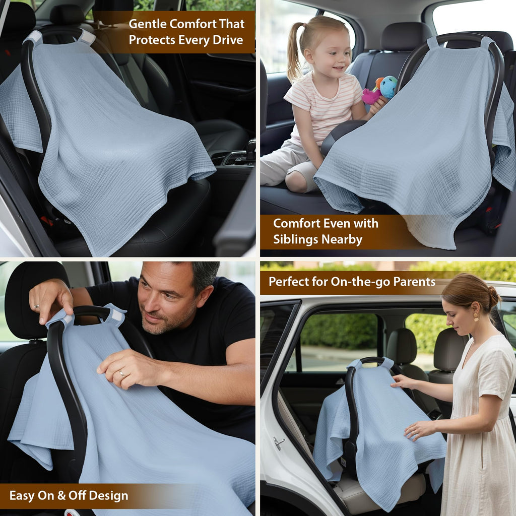 infancie 100% Organic Muslin Cotton Car Seat Cover 35 x 50 Inches Soft Touch Breathable Canopy, Protective Car Seat Cover Baby All Seasons Lightweight Car Seat Cover Travel Comfort (Blue)