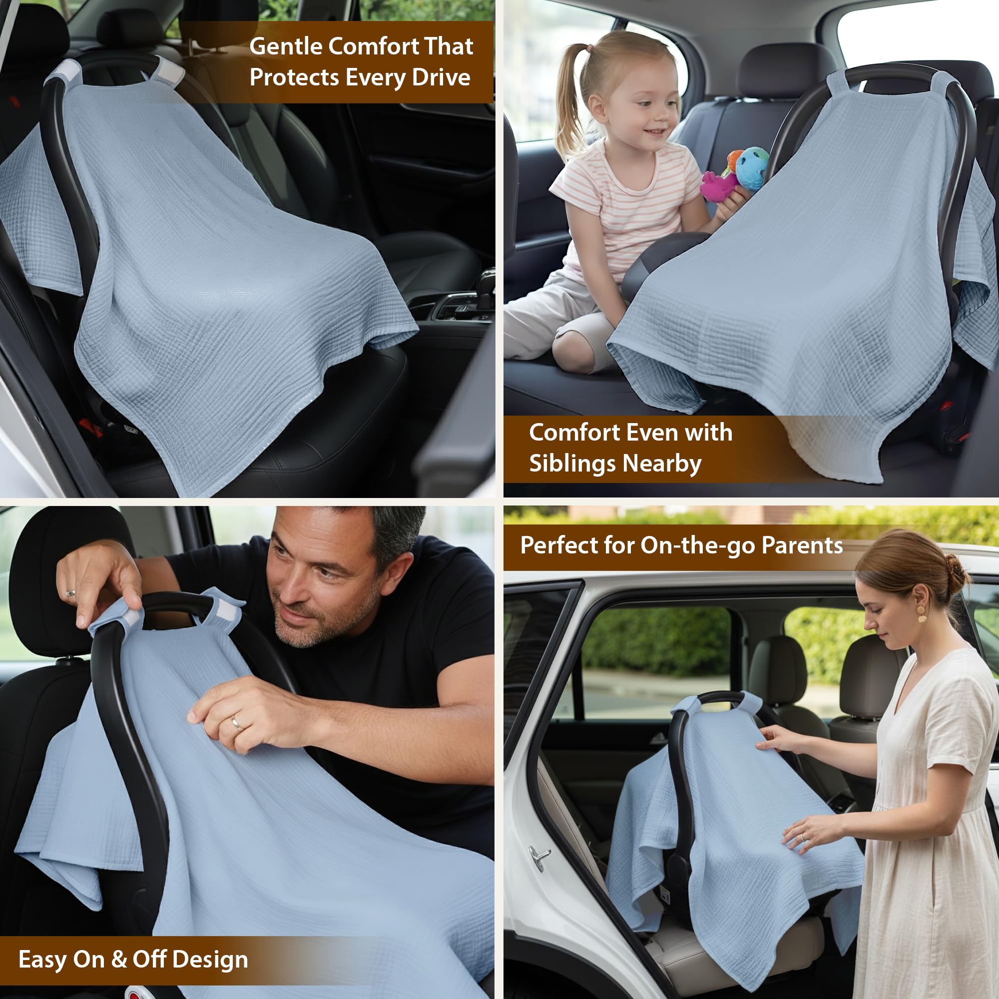 infancie 100% Organic Muslin Cotton Car Seat Cover 35 x 50 Inches Soft Touch Breathable Canopy, Protective Car Seat Cover Baby All Seasons Lightweight Car Seat Cover Travel Comfort (Blue)