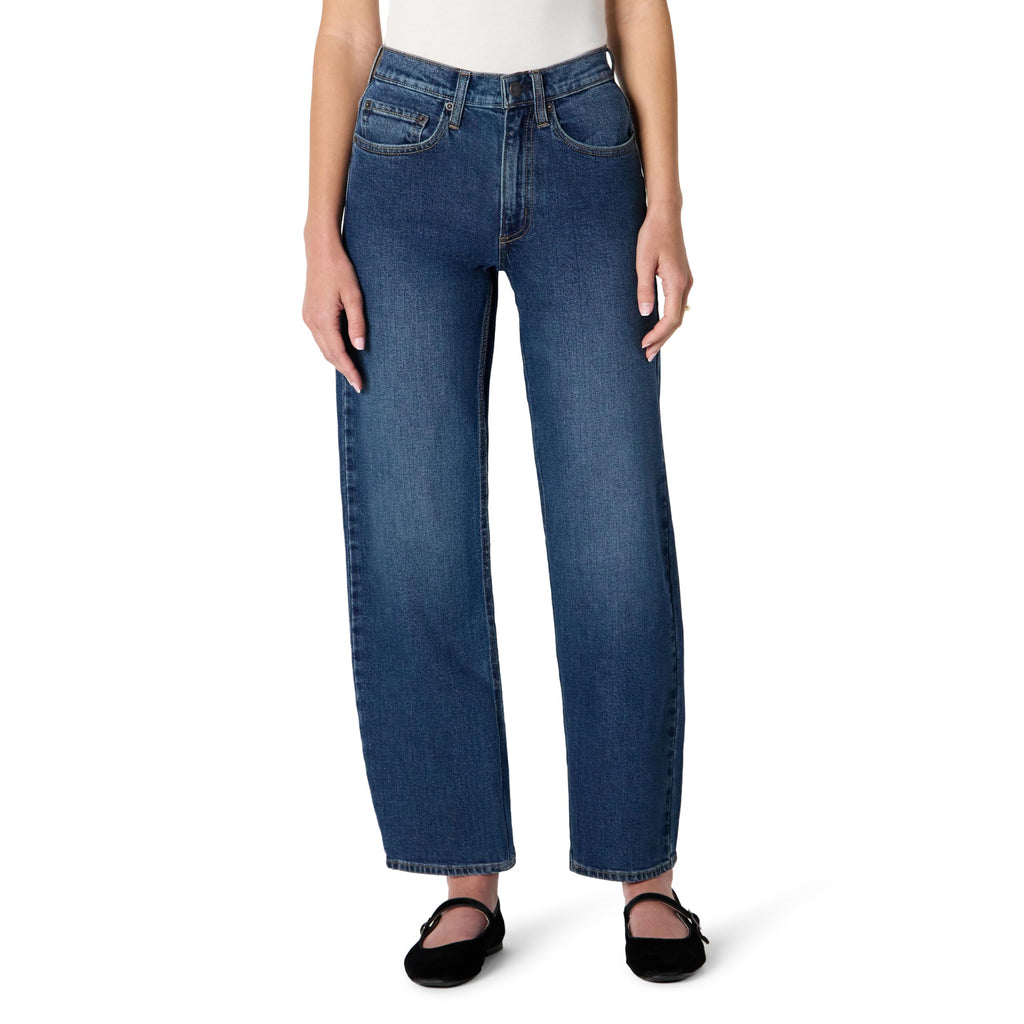 Amazon Essentials Women's Women's Low Stretch High-Rise Barrel Leg Jean, Stone Dark Wash, 10