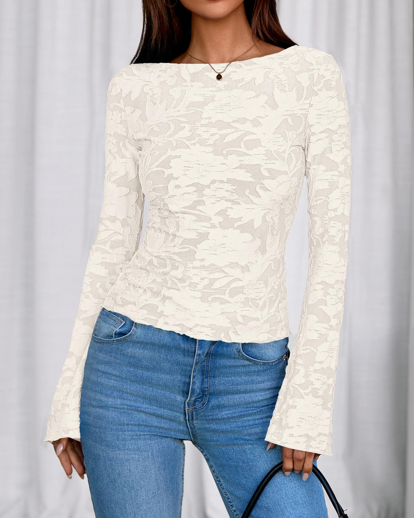 BTFBM Casual Long Sleeve Shirts Spring 2026 Going Out Tops for Women Trendy Floral Work Blouses Bodycon Tunics(Beige,Medium)