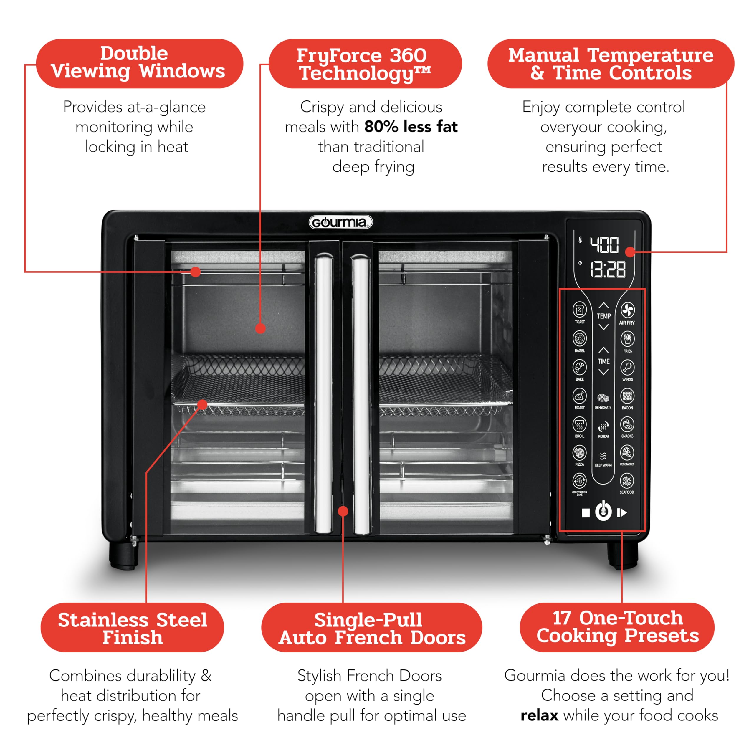Gourmia French Door Air Fryer – 25 Qt Large Capacity Convection Oven, Fryforce 360°, Digital Display with 17 Cooking Presets, Bake, Toast, Roast, Dehydrate, Fits 12” Pizza