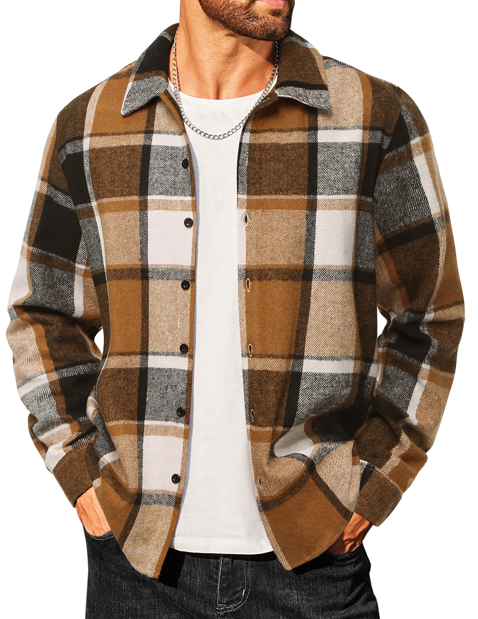 COOFANDY Men's Fleece Lined Button Up Shirt Vintage Orange Flannel Jacket for Men Long Sleeve Classic Plaid Shirts