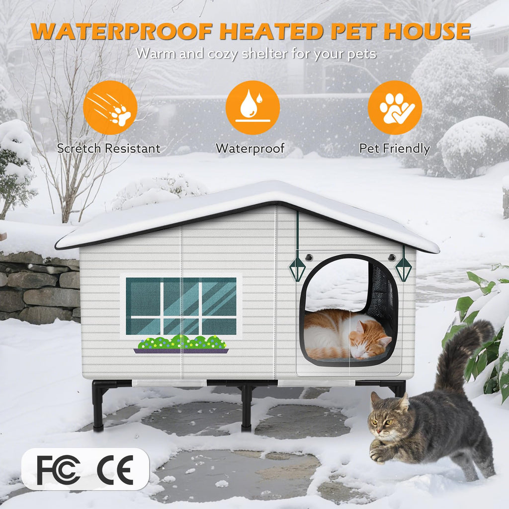 GASUR Weatherproof Heated Cat House for Outside Cats, Outdoor Cat House with Cats Heated Pad for Winter, Insulated Heating Cat Houses, Elevated Safe Feral Cat Houses Heat Cat Shelter (20"x17"x16")