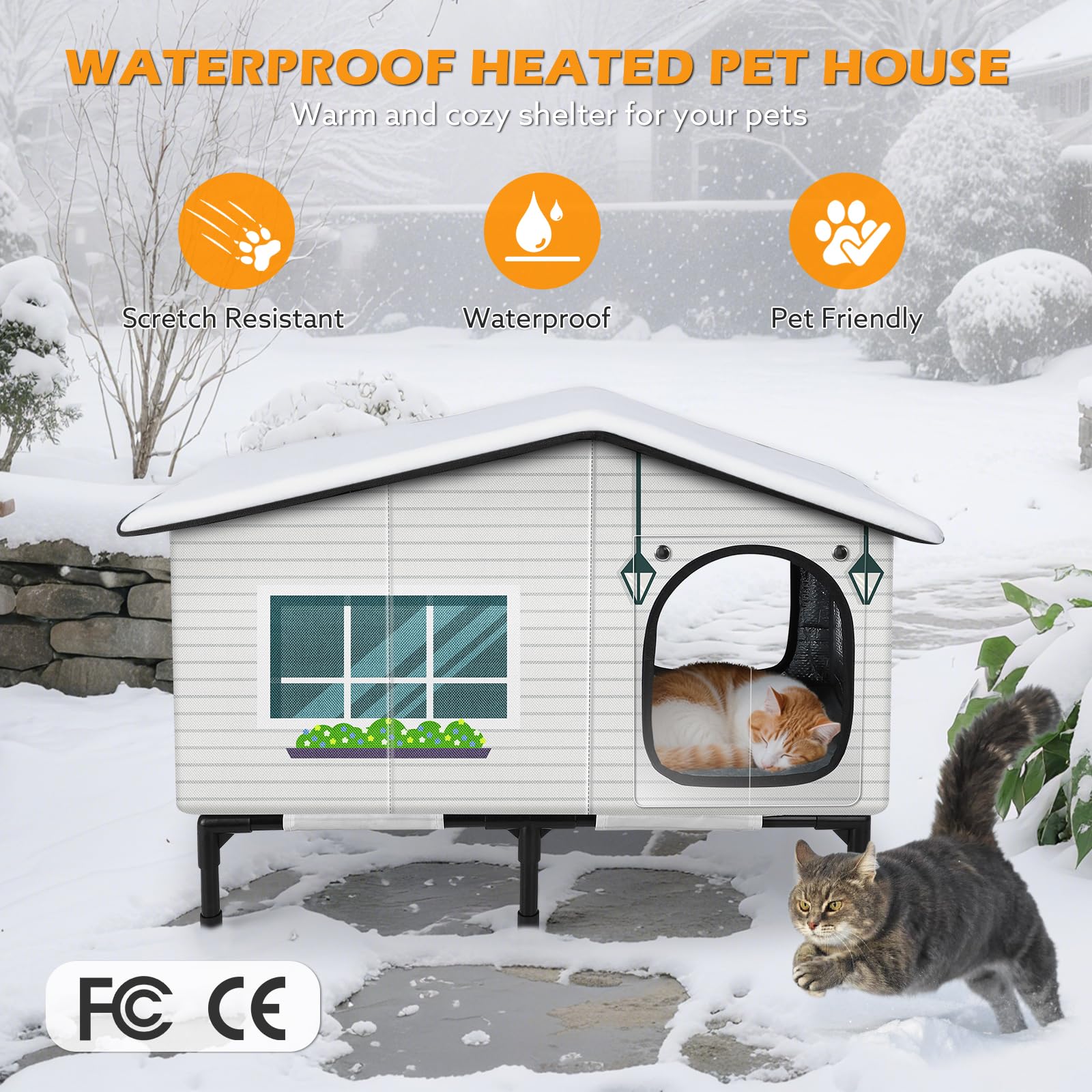 GASUR Weatherproof Heated Cat House for Outside Cats, Outdoor Cat House with Cats Heated Pad for Winter, Insulated Heating Cat Houses, Elevated Safe Feral Cat Houses Heat Cat Shelter (20"x17"x16")