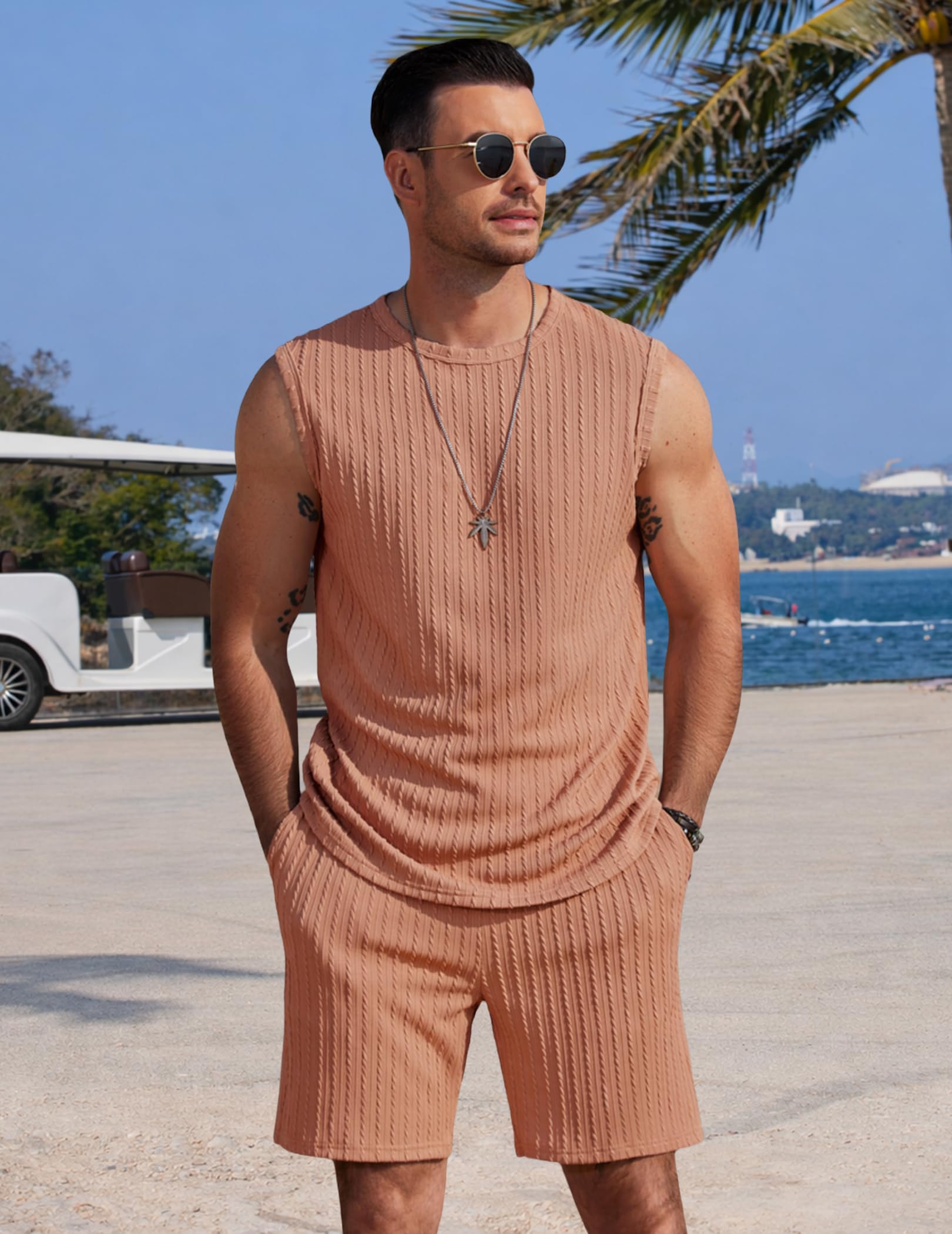 COOFANDY Men's 2 Piece Outfits Sleeveless Fashion Shirt and Shorts Set Summer Lightweight Knit Set, Khaki, L