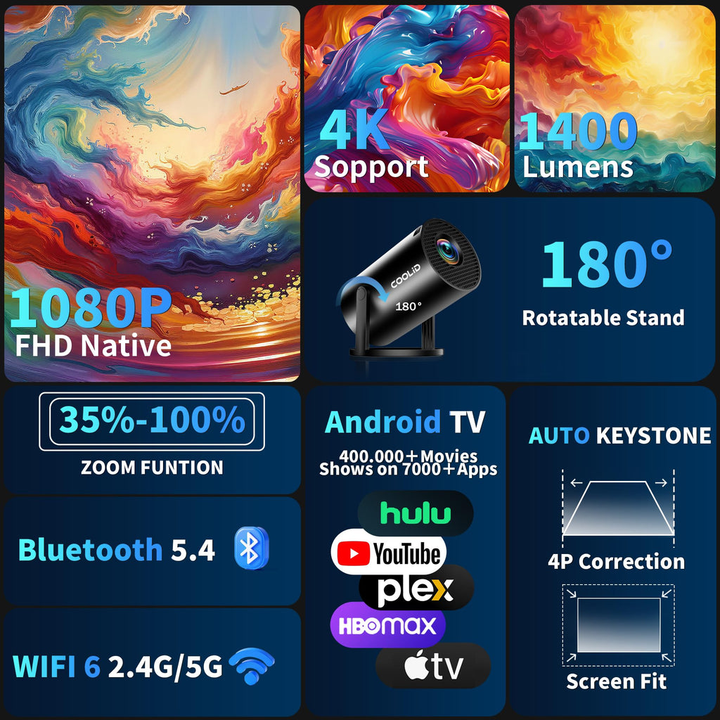 [Built-in Apps & 2026 Upgraded] Mini Projector Support 4K 1080P Auto Keystone 180° Rotatable with WiFi 6 and Bluetooth 5.4, Projector Portable Compatibile with HDMI/TV Stick/Memory Stick/Laptop-Black