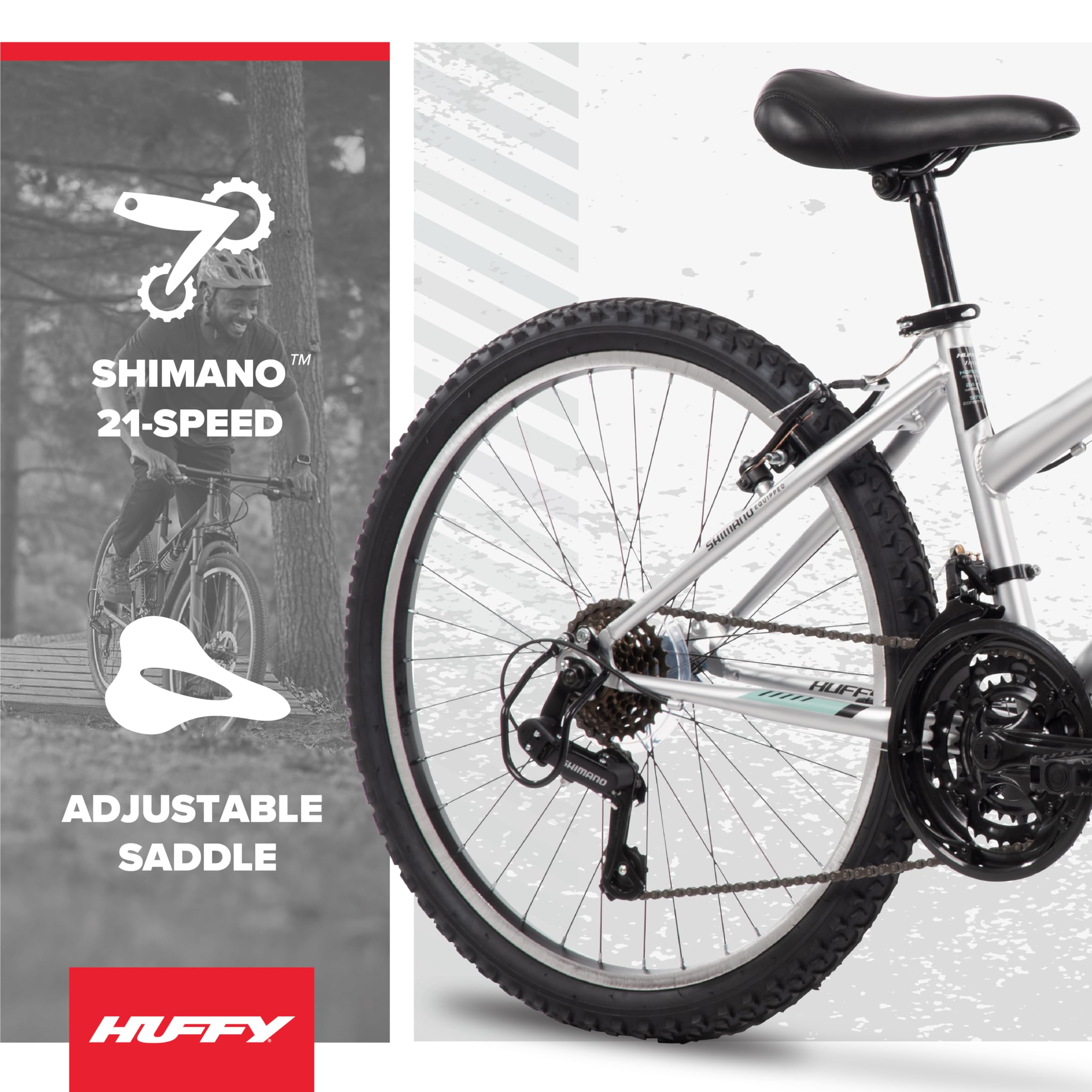 Huffy Stone Mountain Womens 24 Inch Mountain Bike, Metallic Nickel Frame, 21-Speed Shimano Twist Shifting, Front Suspension, Comfort Saddle | 20"/24"/26" Sizes, 6-21 Speeds, Dual Suspension Available