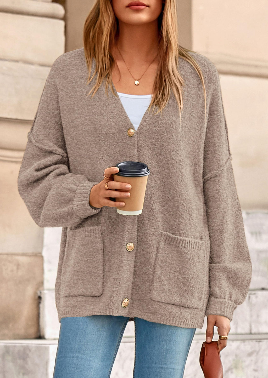 PRETTYGARDEN Fall Chunky Cardigan Sweaters for Women 2026 Button Long Lantern Sleeve Knit Oversized Coats with Pockets(Light Khaki,Medium)
