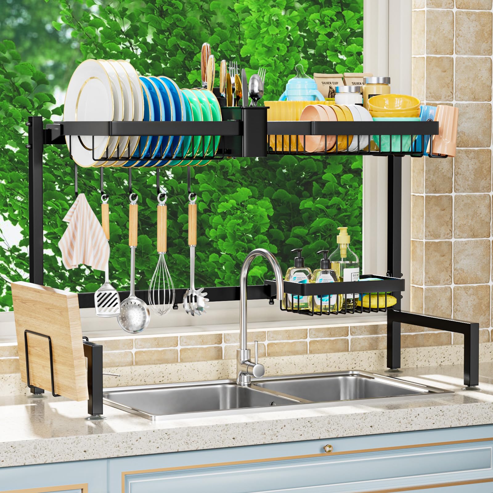 YKLSLH Over The Sink Dish Drying Rack 2 Tiers, for All Sinks (26.57"-35"),Expandable Large Capacity Sink Rack, Metal Drying Rack for Kitchen and Family Use