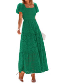PRETTYGARDEN Summer Dresses for Women 2026 Eyelet Square Neck Puff Sleeve Smocked Wedding Guest Maxi Dress with Pockets (Dark Green,Small)