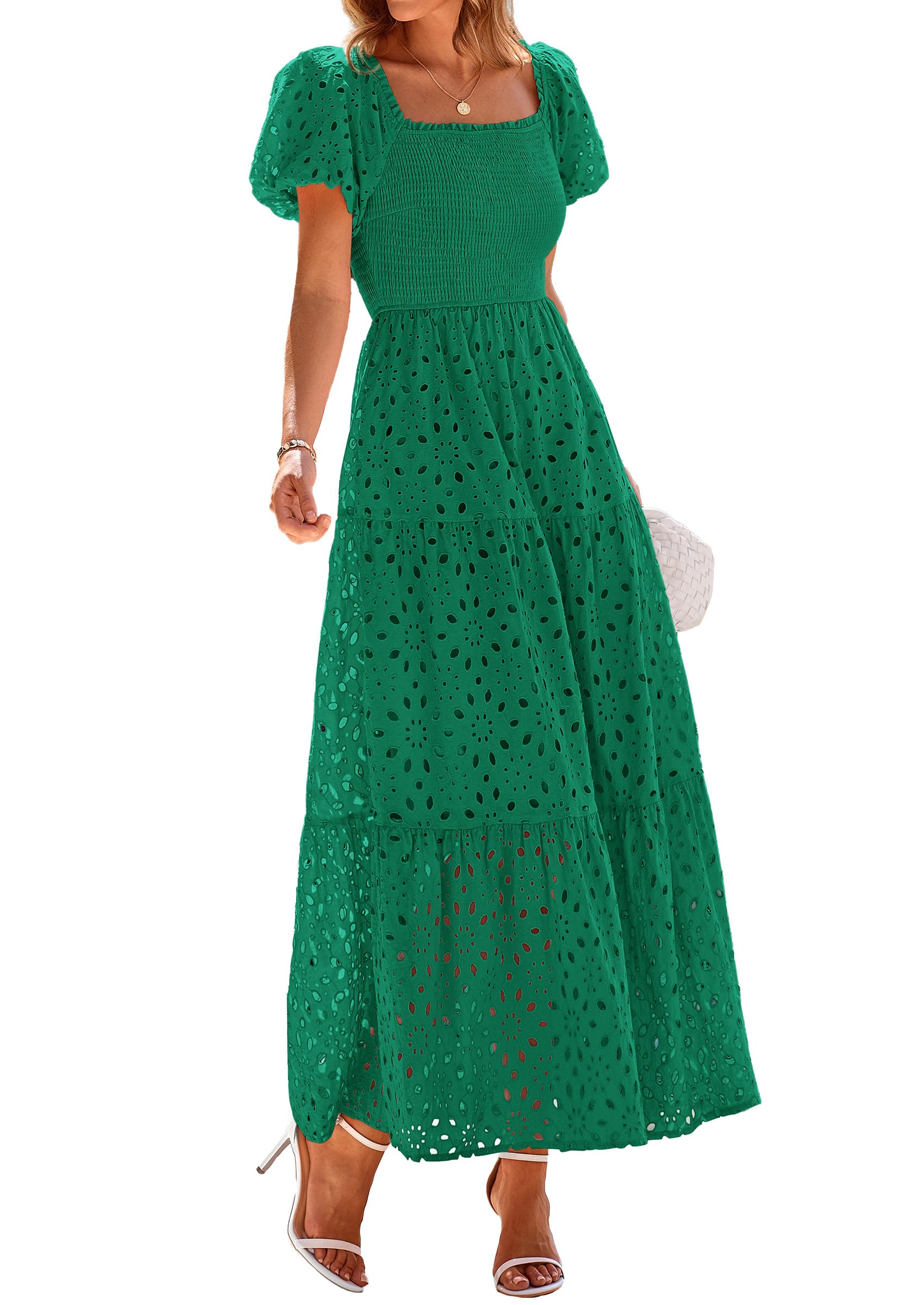 PRETTYGARDEN Summer Dresses for Women 2026 Eyelet Square Neck Puff Sleeve Smocked Wedding Guest Maxi Dress with Pockets (Dark Green,Small)