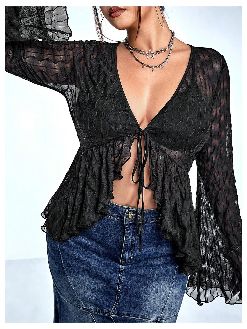 WDIRARA Women's Plus Size Sexy Sheer Mesh Tops Deep V Neck Bell Long Sleeve Tee Shirts Black X-Large Plus