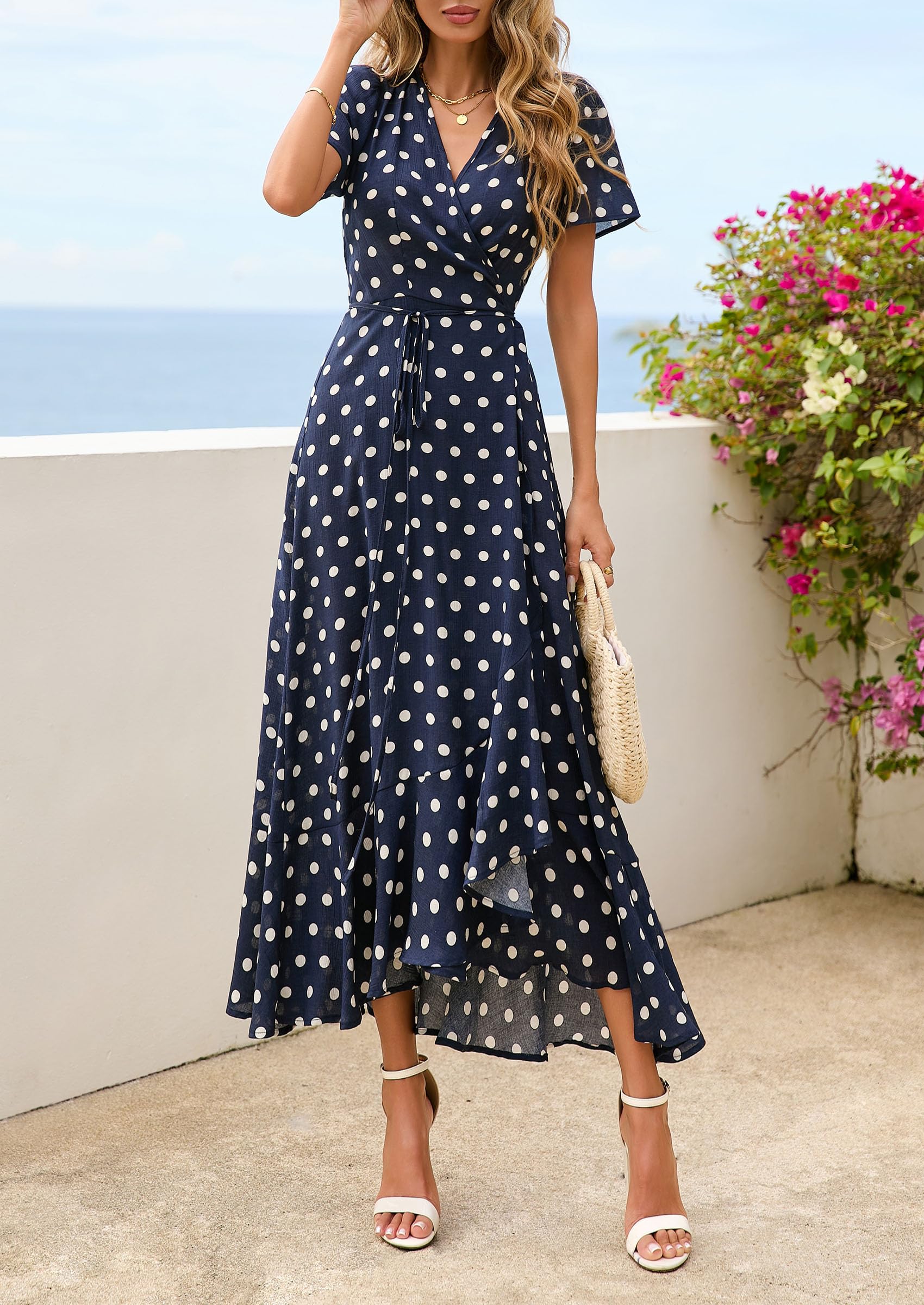 PRETTYGARDEN Women's Boho Floral Maxi Dress Summer Short Sleeve Wrap V Neck Long Flowy Beach Vacation Wedding Guest Dresses (Dot Navy White,Medium)
