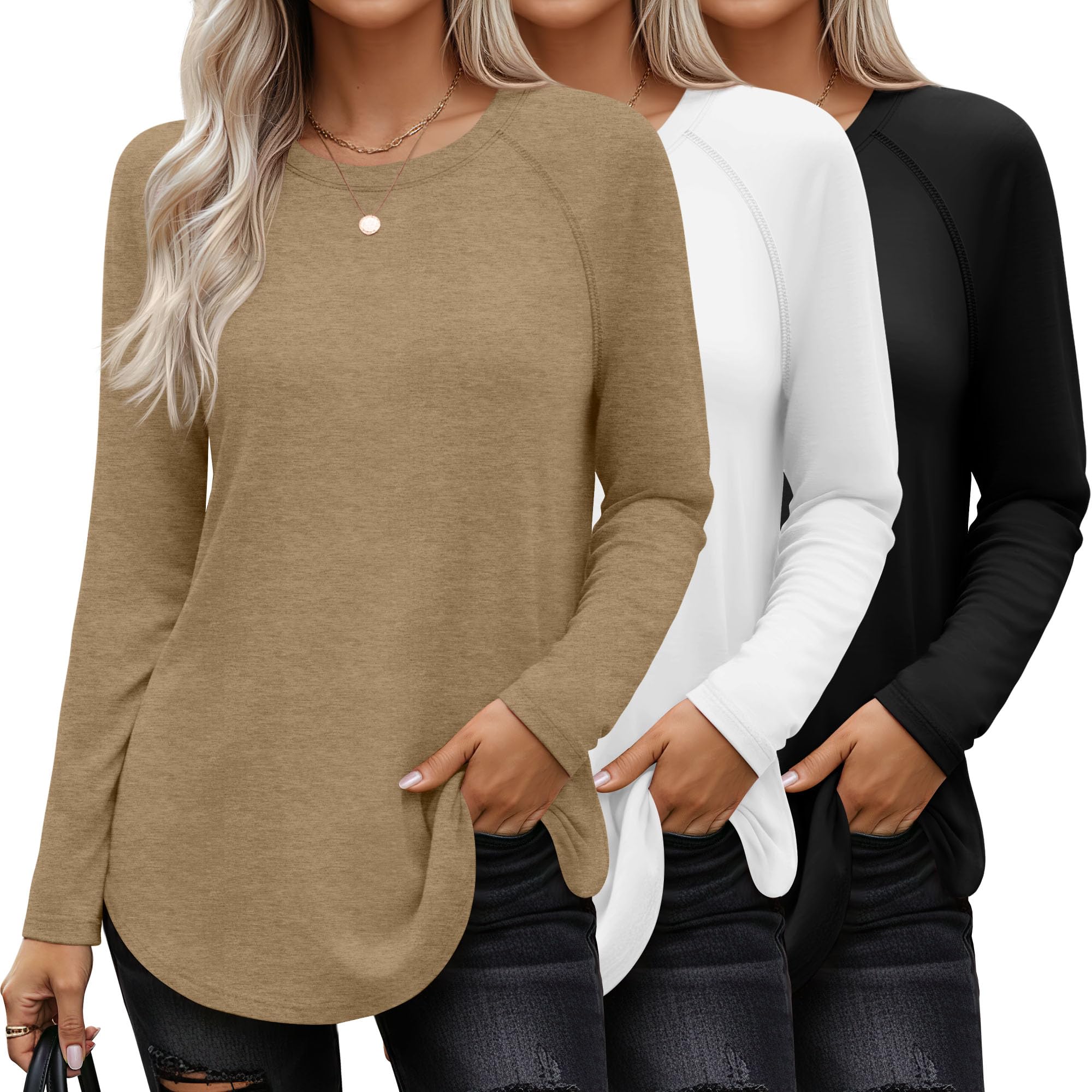 Ficerd 3 Pack Women's Long Sleeve T-Shirts Crew Neck Raglan Sleeve Casual Loose Fit Shirts Side Split Curved Hem Tunic Tops(Black, White, Dark Khaki,XX-Large)