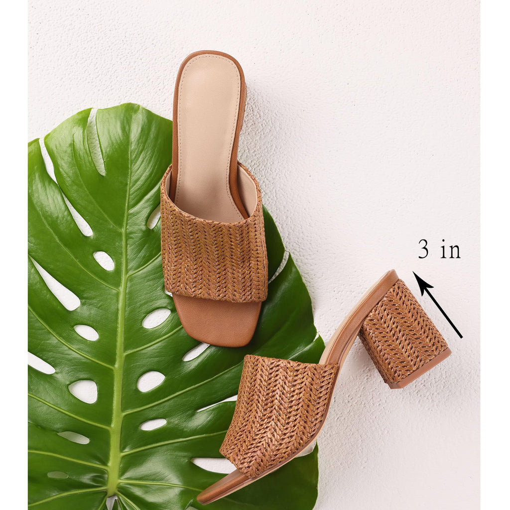 Ancomafio Women's Heeled Sandals Raffia Heels Square Open Toe Sandals Backless Mules Slip On Block Sandals Brown Size 8