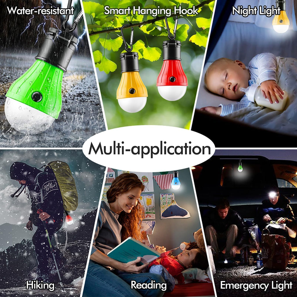 FLY2SKY Portable LED Tent Lamp, Clip Hook Hurricane Emergency Light Bulb, Camping Equipment Lanterns for Hiking, Backpacking Outage, B-CLOSED-HOOK, 4 Packs