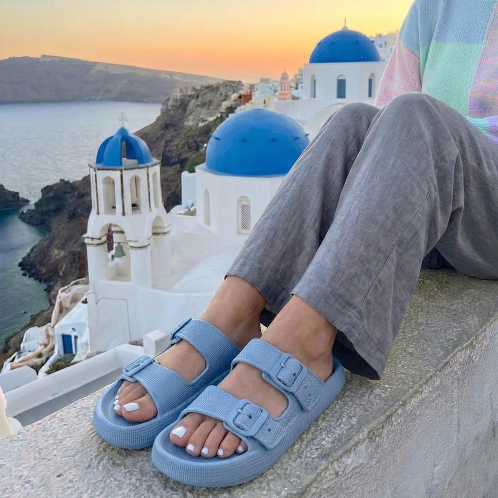 CUSHIONAIRE Fame Pillow Recovery Sandals for Women, Adjustable Double Buckle Waterproof EVA Cloud Slides for Women, BLUE 5