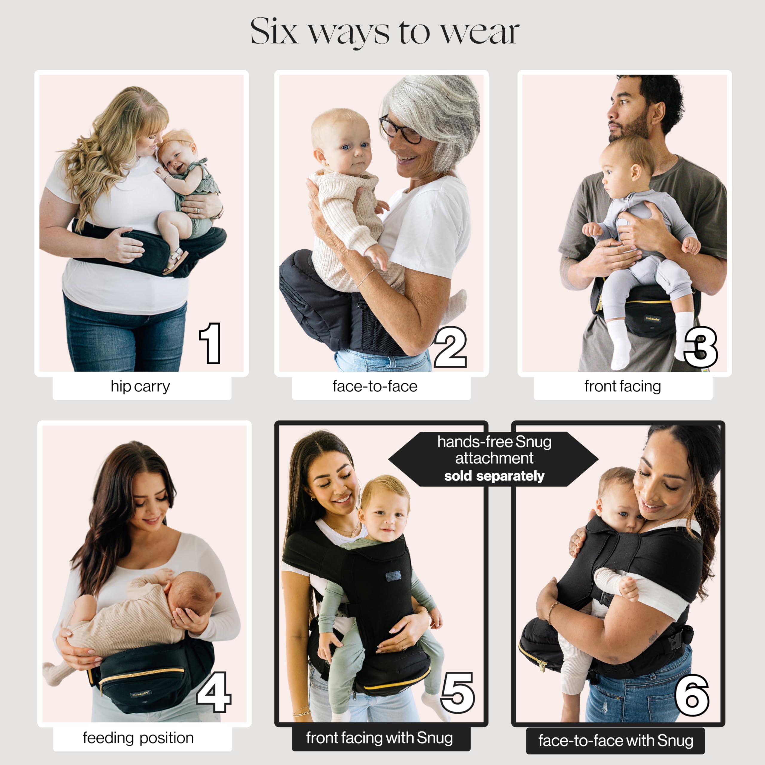 Tushbaby Original Hip Seat Baby Carrier for Babies & Toddlers up to 45 lbs, Safety Certified, Lightweight No-Foam Design with Storage & Nursing Support, Grey