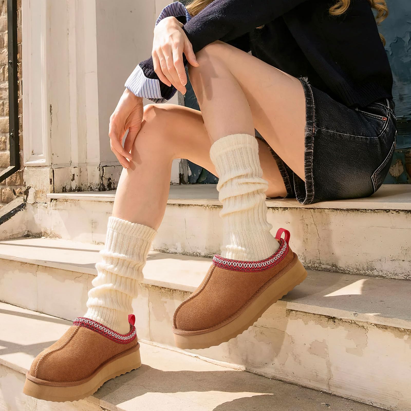 KIDMI Genuine Suede Platform Slippers for Women Fuzzy Winter Warm Shoes Indoor Outdoor, Chestnut 39