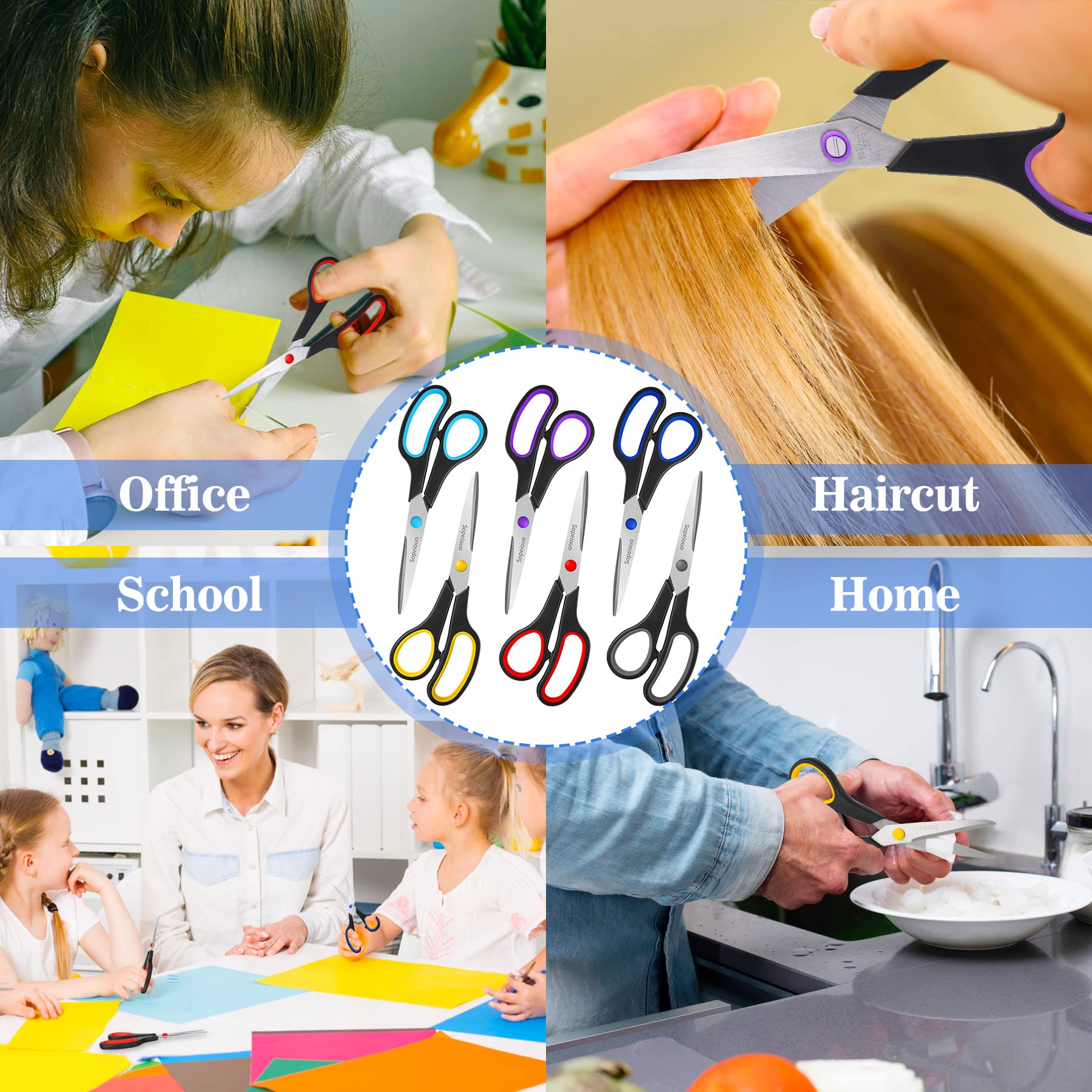Scissors Set of 6-Pack, 8" Scissors All Purpose Comfort-Grip Handles, Sharp Scissor for Office Home School Craft Sewing Fabric Supplies, High/Middle School Student Teacher, Right/Left Hand