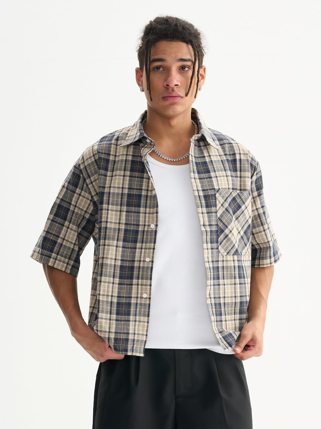 Comfy Quality Boxy Fit Cropped Check Men's T-Shirts Streetwear Short Sleeve Button Down Tops Shirts for Man (US, Alpha, Large, Regular, Regular, Blue)