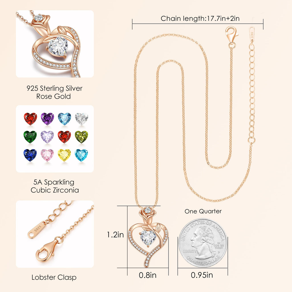 LOUISA SECRET Mothers Day Gifts for Mom Rose Flower Heart Birthstone Necklaces for Women, 925 Sterling Silver Jewelry, Pendant Heart Necklaces Birthday Anniversary Christmas Gift for Women Wife Mom Girlfriend Lady