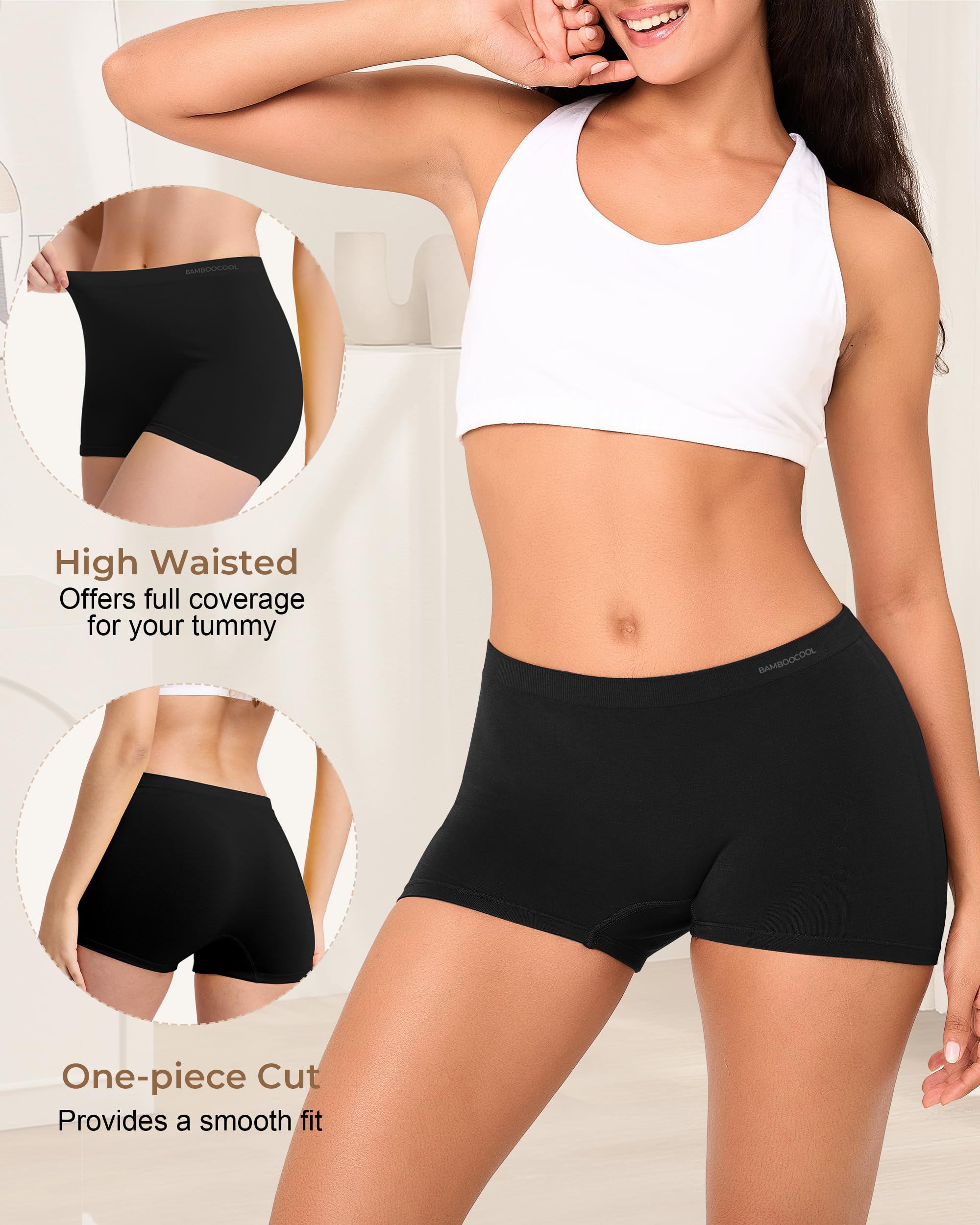 BAMBOO COOL Womens BoyShorts Underwear Seamless Boxer Briefs Mid Waist Full Coverage Moisture Wicking Ladies Panties 5 Pack